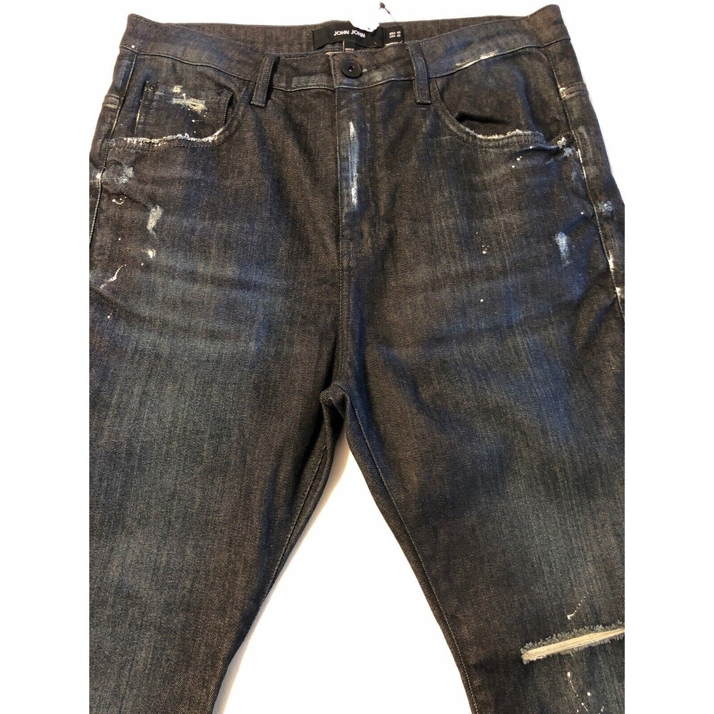 John John Men's Denim Ripped Paint Splatter Dark Blue Skinny Jeans Size 30 NWT